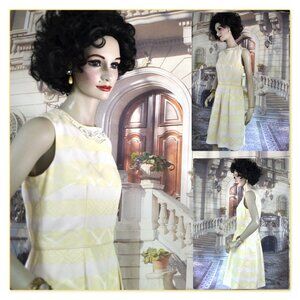 Maggy London Dress Sz 8 Yellow White Brocade Pearl Rhinestone Neck New with Tags